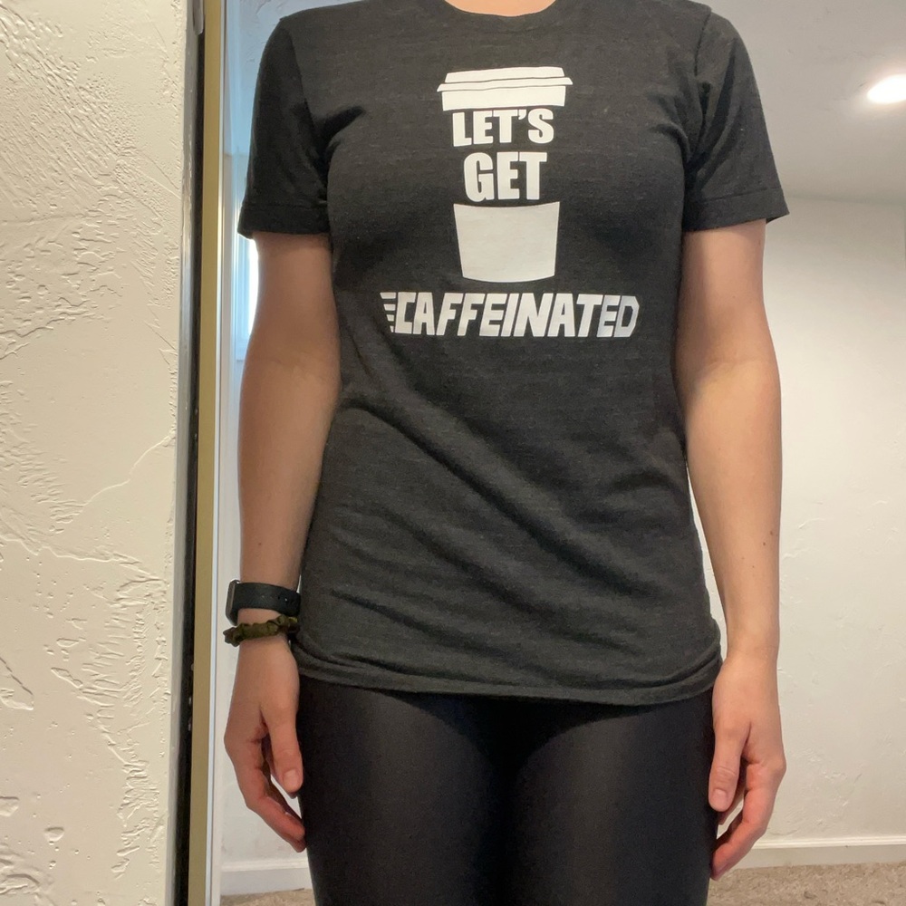 Women’s Small Gray Fitted Short Sleeve T-Shirt with Coffee Graphic